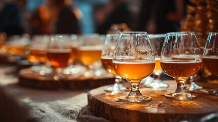Obraz premium Sampling Variety of Craft Beer in Glasses on Wood Coasters Tasting