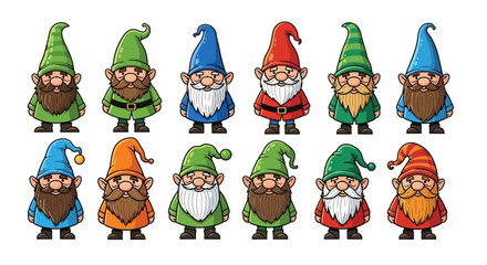 Whimsical Collection of Cartoon Gnome Characters in Vibrant Colors: A Vector Illustration