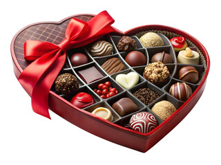 A heart shaped box filled with assorted gourmet chocolates tied with a red ribbon isolated on transparent background