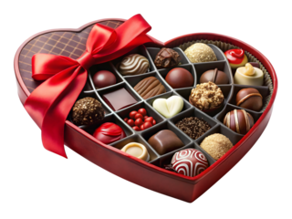 A heart shaped box filled with assorted gourmet chocolates tied with a red ribbon isolated on transparent background