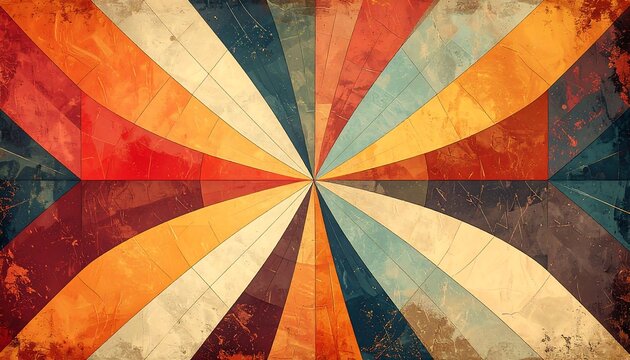 Retro-style graphic features a series of radiating, colorful, textured stripes from a central point, evoking a vintage, sunburst design