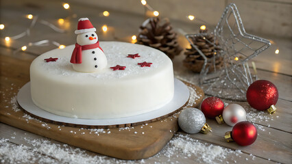 White christmas cake with snowman decoration and festive ornaments