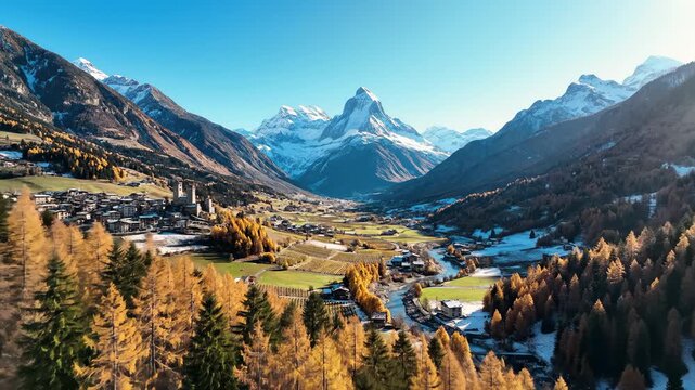 Aerial View of Zermatt Village With Snowy Matterhorn in Switzerland, Autumn