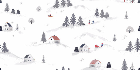 Winter village seamless pattern with houses trees and people