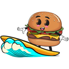 cute burger mascot character surfing riding the waves, happy cartoon burger vector illustration, work of hand drawn