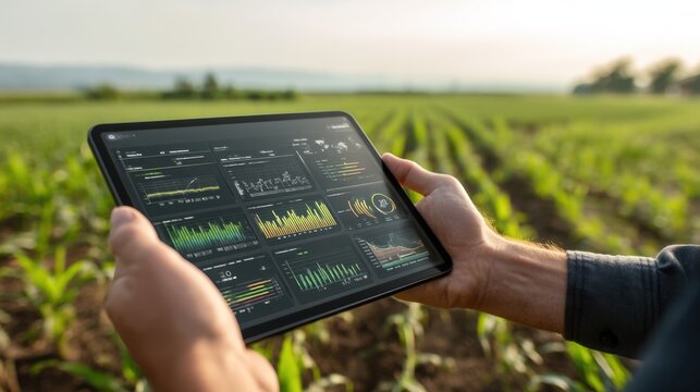 Farmer using tablet to analyze agricultural data and statistics in modern field environment during sunrise or sunset