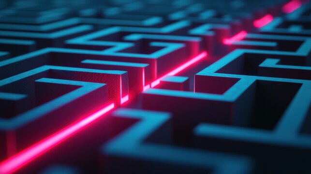 Solution Maze or Labyrinth with a Clear Path A complex maze with a red line highlighting the correct path to the center, representing problem solving, strategy, and finding solutions.