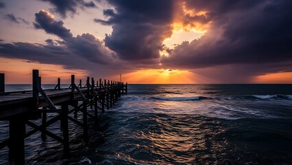 Breathtaking view of a wooden pier extending into the vast ocean under a dramatic sky as golden sun rays pierce through stormy clouds at sunset