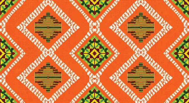 Yakan Weave, Vibrant orange geometric pattern with diamond accents, perfect for modern textiles and eye catching backgrounds, evoking a sense of global style and artistic expression