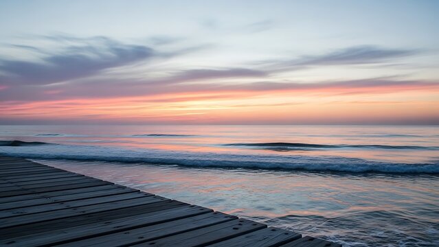 Tranquil waves gently lap against a wooden pier at dusk as the sky is painted with soft pastel colors of a serene sunset over the calm sea