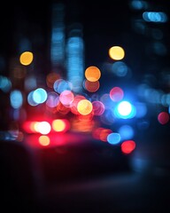 Defocused Urban Nightscape with Vibrant Bokeh Lights and Abstract City Silhouettes