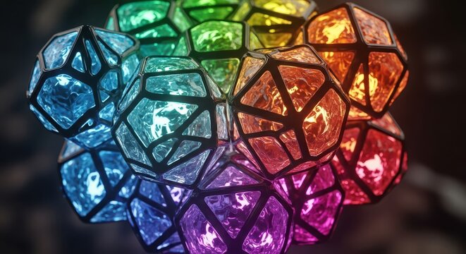 Cluster of glowing geodesic polyhedrons displays a vibrant spectrum of colors