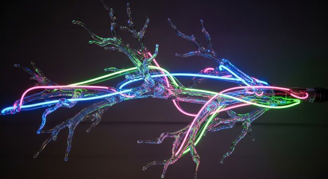 Illuminated transparent branches intertwine with glowing neon light tubes against a dark background