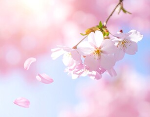 Soft focus image of delicate pink blossoms, petals falling gently