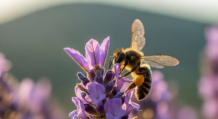 Closeup of bee pollinating purple lavender flower in garden in summer, insect collecting nectar