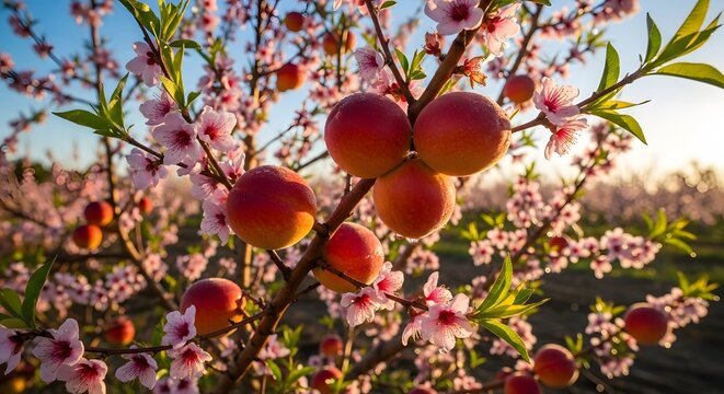 Peach tree branch laden with ripe fruit against blue sky in orchard scenery