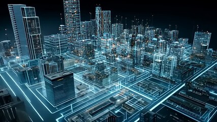 Futuristic cityscape with glowing buildings and interconnected structures under a night sky - Powered by Adobe