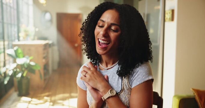 Dance, laptop or woman in home with interior design, website launch or excited entrepreneur with opportunity. Celebration, startup or happy decorator with applause for first client, achievement or pc