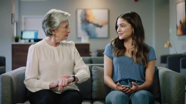 Senior woman checking watch with impatient expression while sitting next to girl on couch