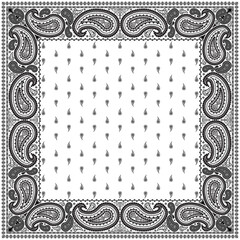 Bandana paisley square ethnic floral hand drawn pattern.Ornament classic vintage vector elements black on white background.Design for scarf,headscarf,kerchief,hijab,tablecloth,print fabric,decoration.