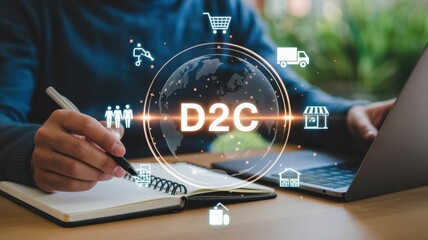 Business professional manages global commerce strategy involving direct interaction with consumers using digital interface