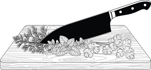 Sharp knife slicing fresh herbs, dill, mint