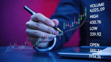 Business professional analyzing financial data presented on a digital screen with glowing charts