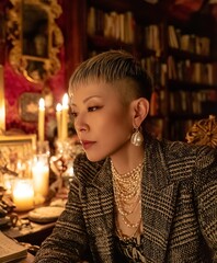 Elegant mature East Asian woman reading in minimalist library, silver bob hairstyle and pearl earrings, intellectual film noir atmosphere