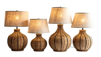 Four Woven Rattan Table Lamps with Linen Shades Isolated on White Background