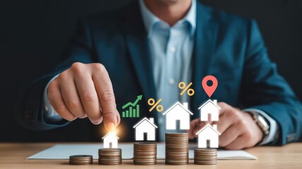 Business professional places glowing miniature house icon atop rising stacks of currency coins.