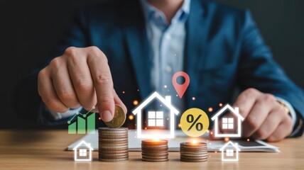 Professional individual meticulously places coin atop increasing stacks of currency symbolizing real estate investment growth