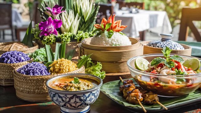 Displaying Colorful Thai Dishes, Rice, Soup and Chicken Satay