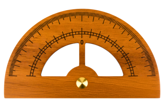 Classic wooden protractor for measuring angles in mathematics isolated on a transparent background
