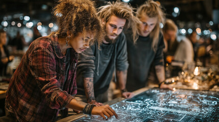 Three people engrossed in futuristic blue digital screen details. Suitable for technology, innovation, teamwork, and futuristic concept designs.