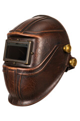 Vintage style leather welding helmet with brass knobs and glass isolated on a transparent background