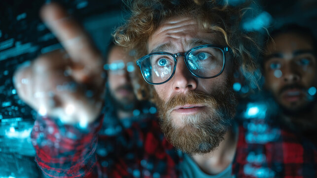 Focused it workers with glasses examine code with a concerned expression. Suitable for tech industry blogs, cybersecurity articles, and software development presentations.