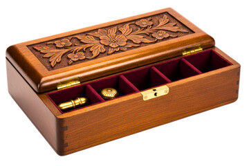 Open wooden jewelry box with carved floral design and velvet isolated on a transparent background