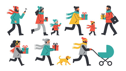 Cheerful People Running with Gifts: Holiday Shopping Vector Illustration