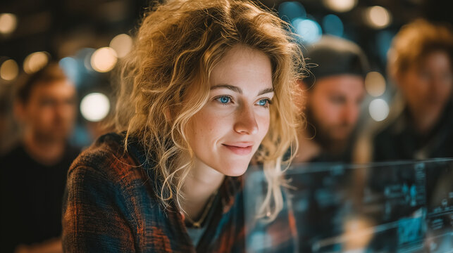Curly blonde hair woman on screen, suitable for technology or business concepts in advertisements, promotions, and social media content.