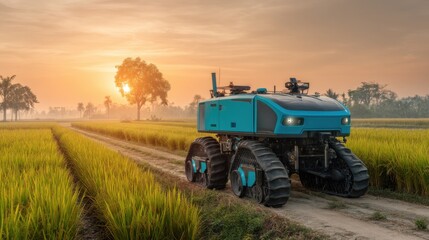 Naklejka premium Futuristic Agricultural Robot in Vibrant Rice Field at Sunset with Clear Sky and Lush Green Landscape