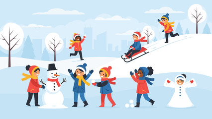 Joyful children playing outdoors in a snowy winter scene, building a snowman and sledding down a hill.