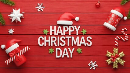 Festive Holiday Greetings Merry Christmas Celebration Design with Decorations and Red Background