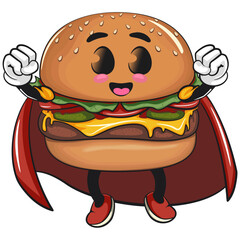 cute burger mascot character as flying superhero wearing a robe, happy cartoon burger vector illustration, work of hand drawn