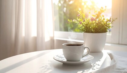 Morning coffee and plant bathed in soft sunlight near a window