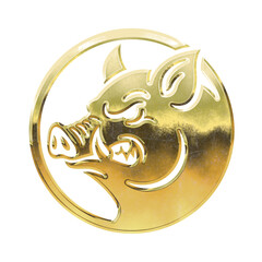 Golden pig head logo inside a circle. 3D metallic year of the zodiac icon.