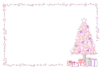 プレゼントが根元に置いてあるペン画のクリスマスツリーが描かれたカード