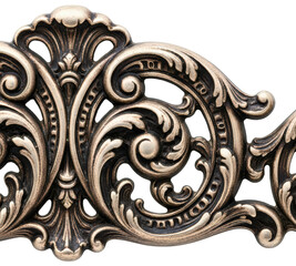 Decorative bronze metal relief with intricate floral scrolls isolated on a transparent background