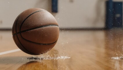Basketball on a polished wooden court with a blurred background.