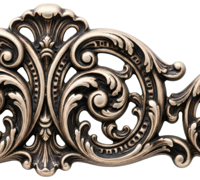 Decorative bronze metal relief with intricate floral scrolls isolated on a transparent background