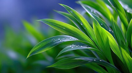 Close-up of vibrant green grass blades covered in clear water droplets, set against a soft, blurred blue and green background. The lighting is natural and gentl